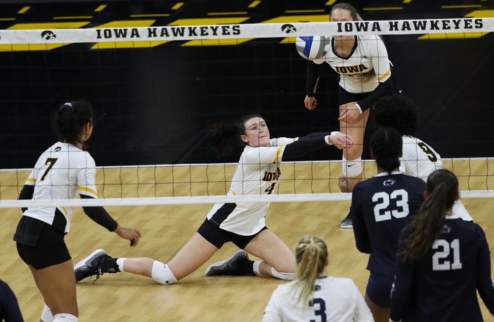 Iowa Hawkeyes defensive specialist Halle Johnston (4) digs the ball during a match against Penn State at Carver-Hawkeye Arena on November 3, 2018. (Tork Mason/hawkeyesports.com)