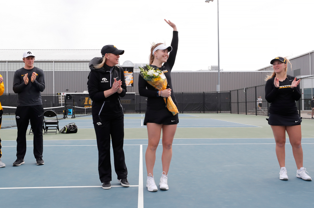 Iowa's Anastasia Reimchen during Senior Day activities before their match against the Wisconsin Badgers Sunday, April 22, 2018 at the Hawkeye Tennis and Recreation Center. (Brian Ray/hawkeyesports.com)