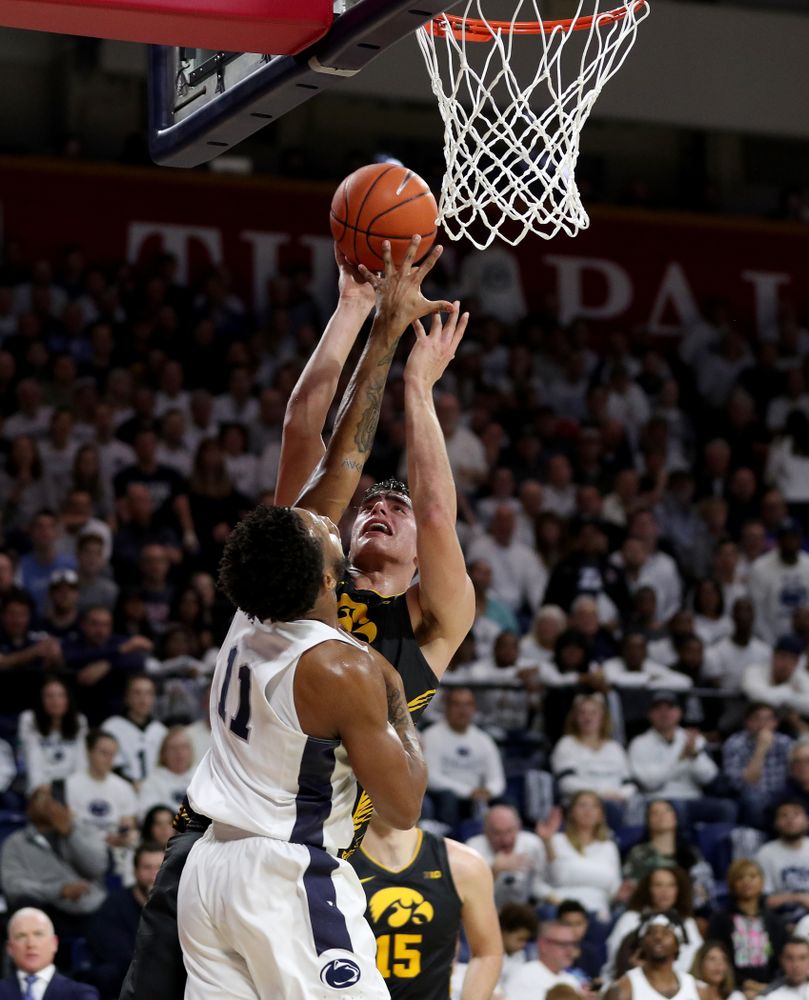 Iowa Hawkeyes forward Luka Garza (55) goes to the hoop against Penn State Friday, January 3, 2020 at the Palestra in Philadelphia. (Brian Ray/hawkeyesports.com)