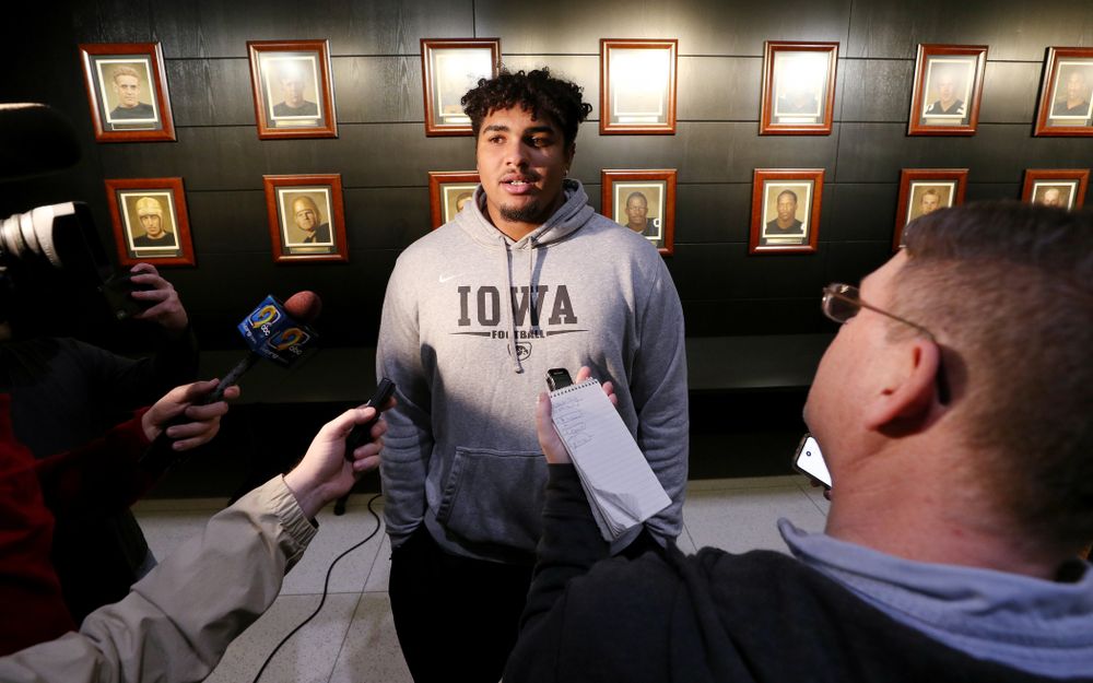 Iowa Hawkeyes offensive lineman Tristan Wirfs (74) answers questions from the media on the Hawkeyes selection to face USC in the 2019 Holiday Bowl Sunday, December 8, 2019 at the Hansen Football Performance Center. (Brian Ray/hawkeyesports.com)