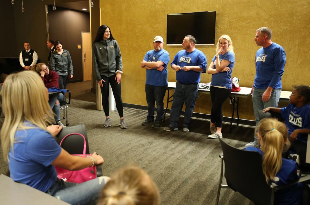 Iowa Hawkeyes forward Megan Gustafson (10) speaks to a group of young girls from West Liberty following teamÕs Celebr-Eight event Wednesday, April 24, 2019 at Carver-Hawkeye Arena. (Brian Ray/hawkeyesports.com)