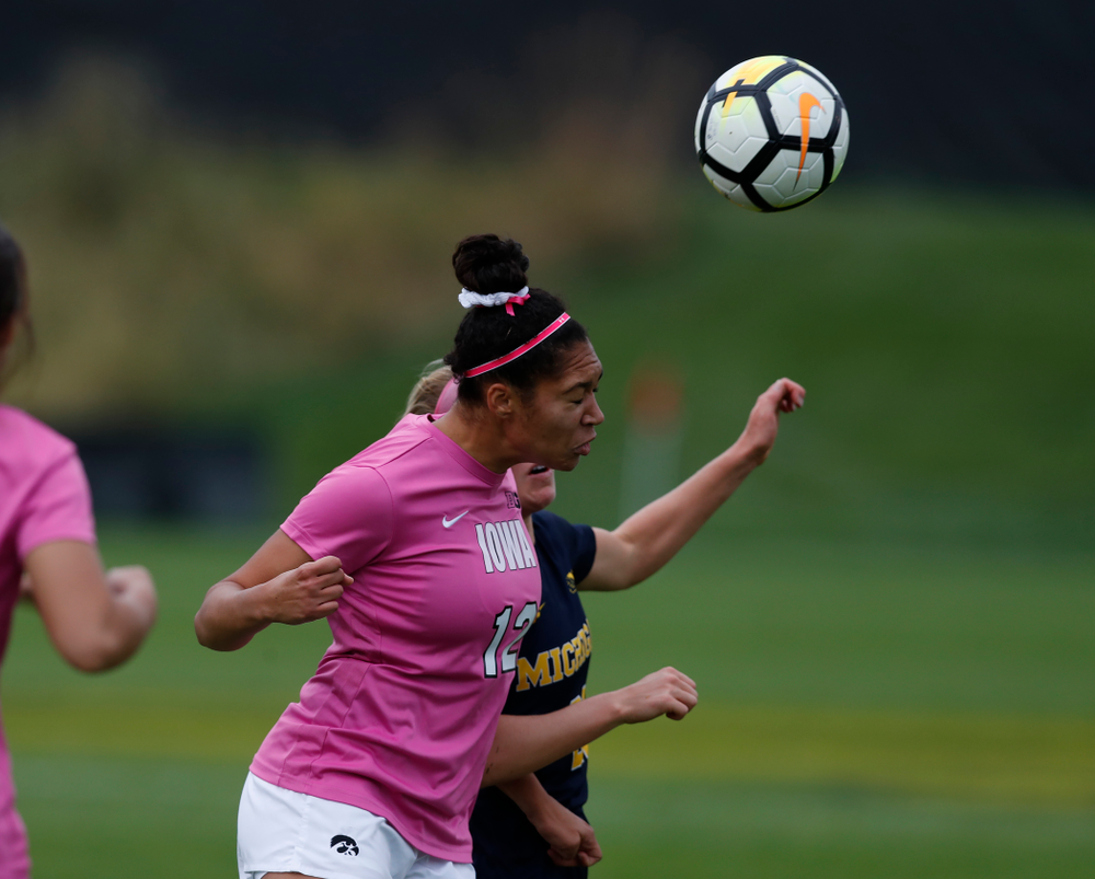 Iowa Hawkeyes Olivia Fiegel (12) against Michigan Sunday, October 14, 2018 at the Iowa Soccer Complex. (Brian Ray/hawkeyesports.com)