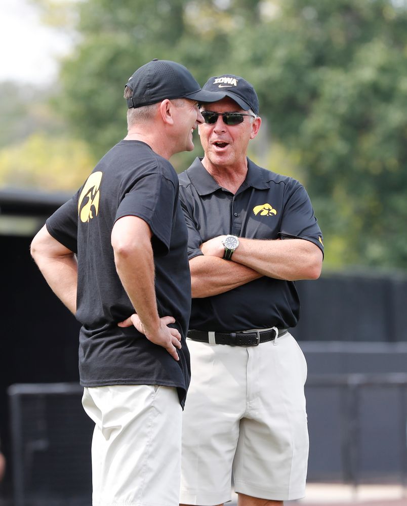 Director of Athletics Gary Barta and Head Baseball Coach Rick Heller during the Iowa Student Athlete Kickoff Kickball game Sunday, August 19, 2018 at Duane Banks Field. (Brian Ray/hawkeyesports.com)