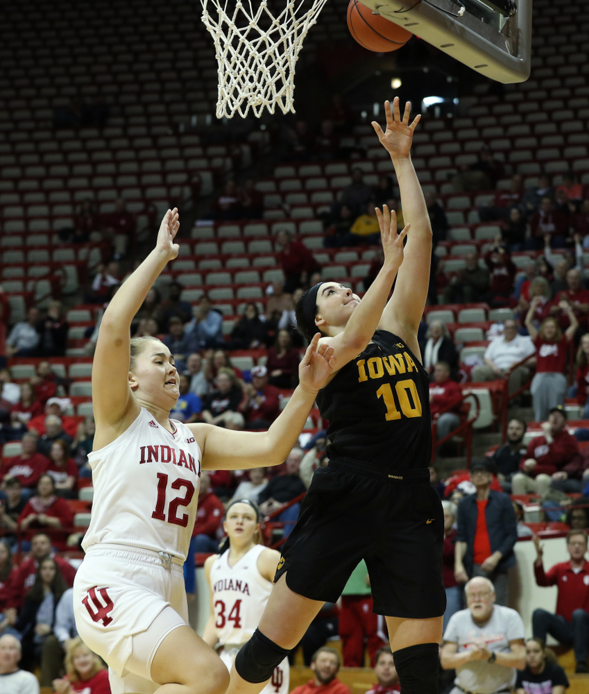Iowa Hawkeyes forward Megan Gustafson (10) against the Indiana Hoosiers Thursday, February 21, 2019 at Simon Skjodt Assembly Hall. (Brian Ray/hawkeyesports.com)