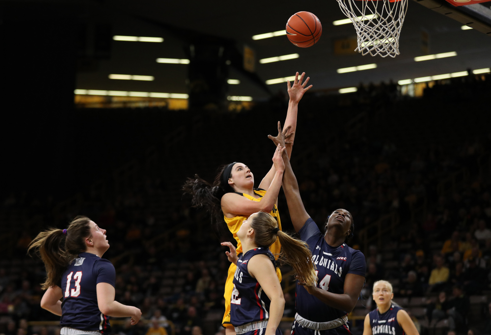 Iowa Hawkeyes forward Megan Gustafson (10) against the Robert Morris Colonials Sunday, December 2, 2018 at Carver-Hawkeye Arena. (Brian Ray/hawkeyesports.com)