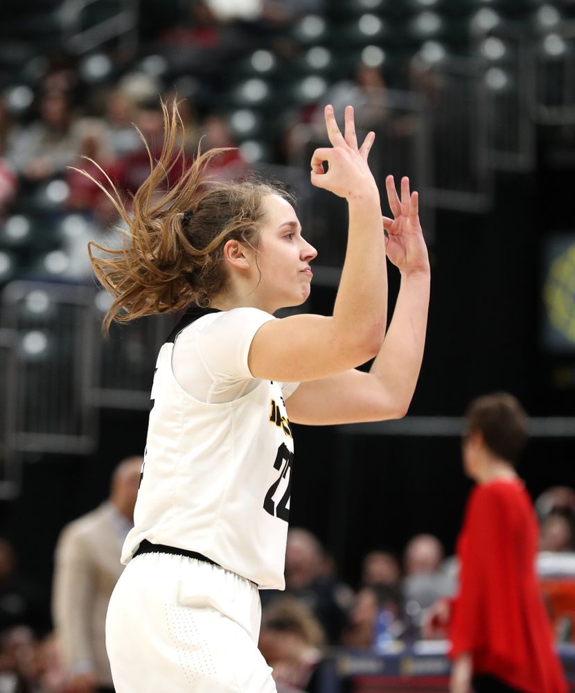 Iowa Hawkeyes guard Kathleen Doyle (22) against the Indiana Hoosiers in the quarterfinals of the Big Ten Tournament Friday, March 8, 2019 at Bankers Life Fieldhouse in Indianapolis, Ind. (Brian Ray/hawkeyesports.com)