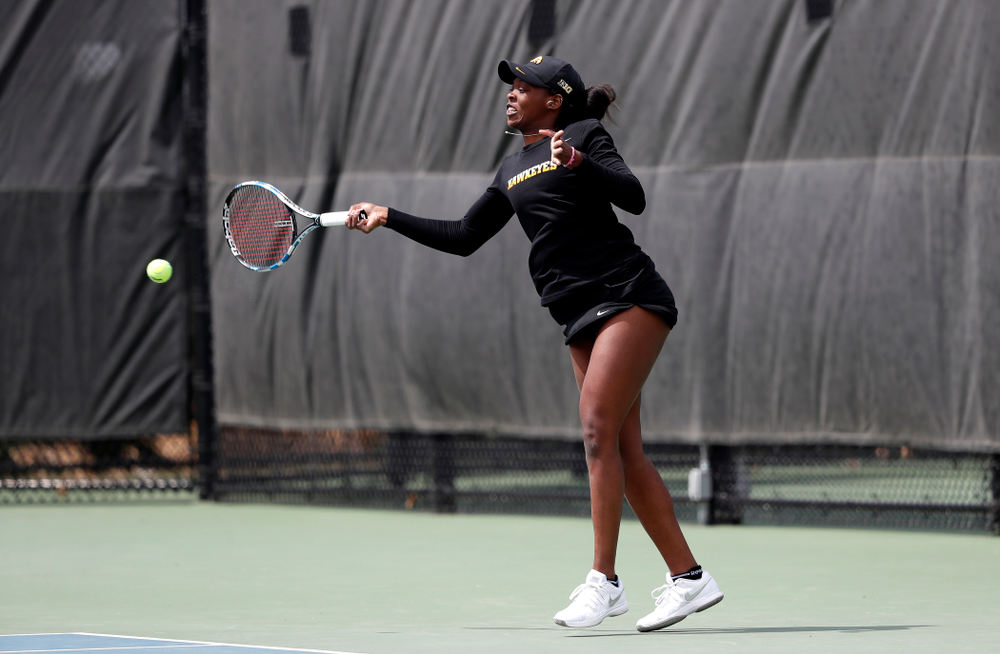 Iowa's Adorabol Huckleby against the Wisconsin Badgers Sunday, April 22, 2018 at the Hawkeye Tennis and Recreation Center. (Brian Ray/hawkeyesports.com)