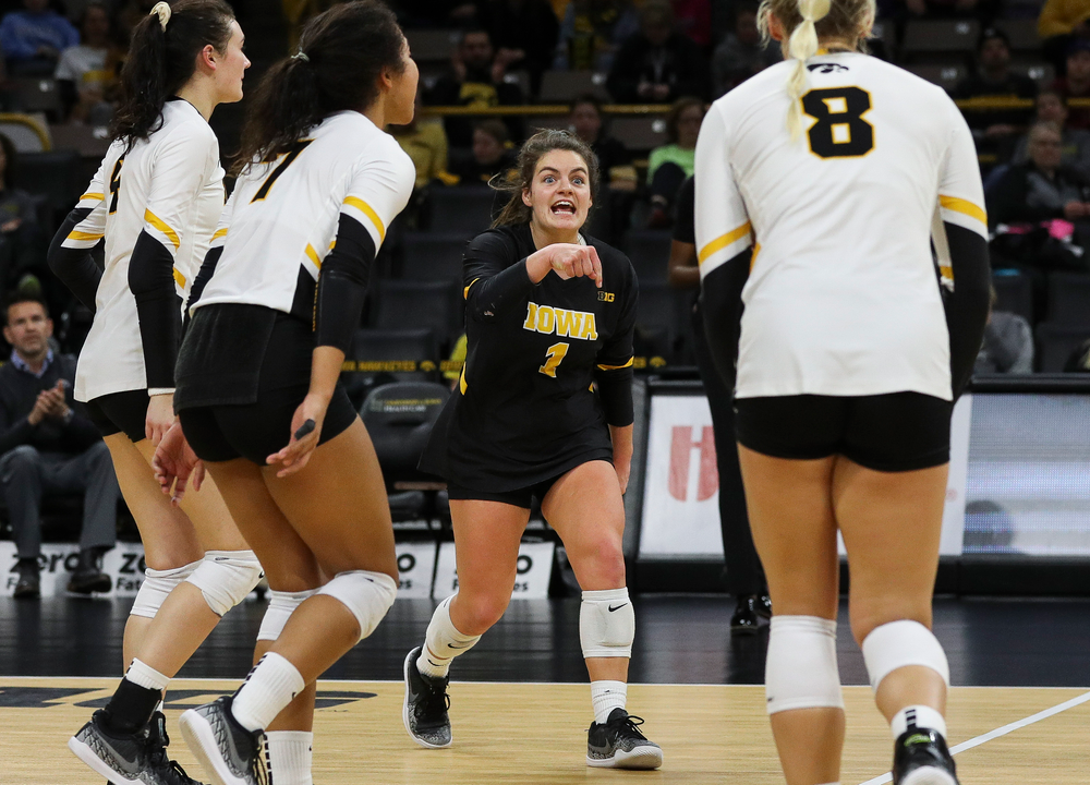 Iowa Hawkeyes defensive specialist Molly Kelly (1) celebrates after winning a point during a match against Maryland at Carver-Hawkeye Arena on November 23, 2018. (Tork Mason/hawkeyesports.com)