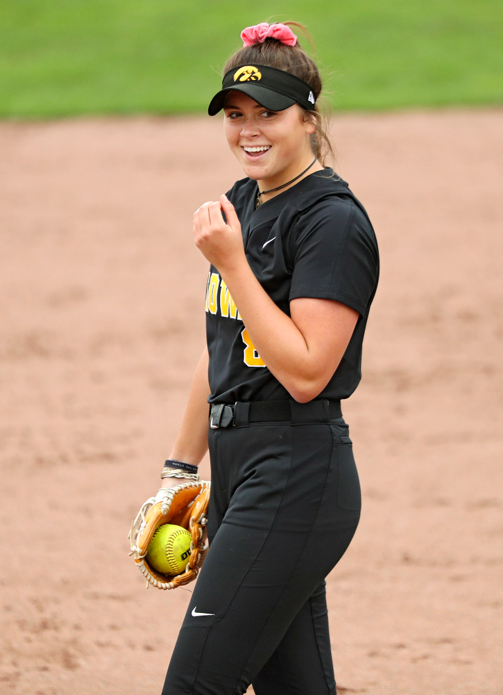 Iowa pitcher Lauren Shaw (8) smiles after throwing a pitch during the sixth inning of their game against Iowa Softball vs Indian Hills Community College at Pearl Field in Iowa City on Sunday, Oct 6, 2019. (Stephen Mally/hawkeyesports.com)