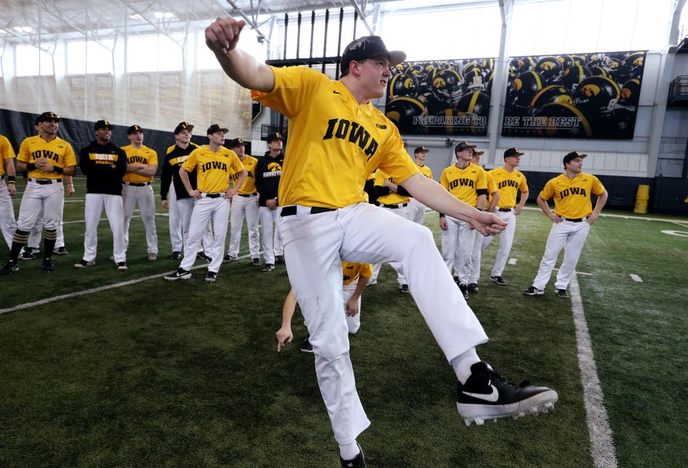 Iowa Hawkeyes first baseman Peyton Williams (45) attempts to kick a field goal before practice Thursday, February 6, 2020 at the Indoor Practice Facility. (Brian Ray/hawkeyesports.com)