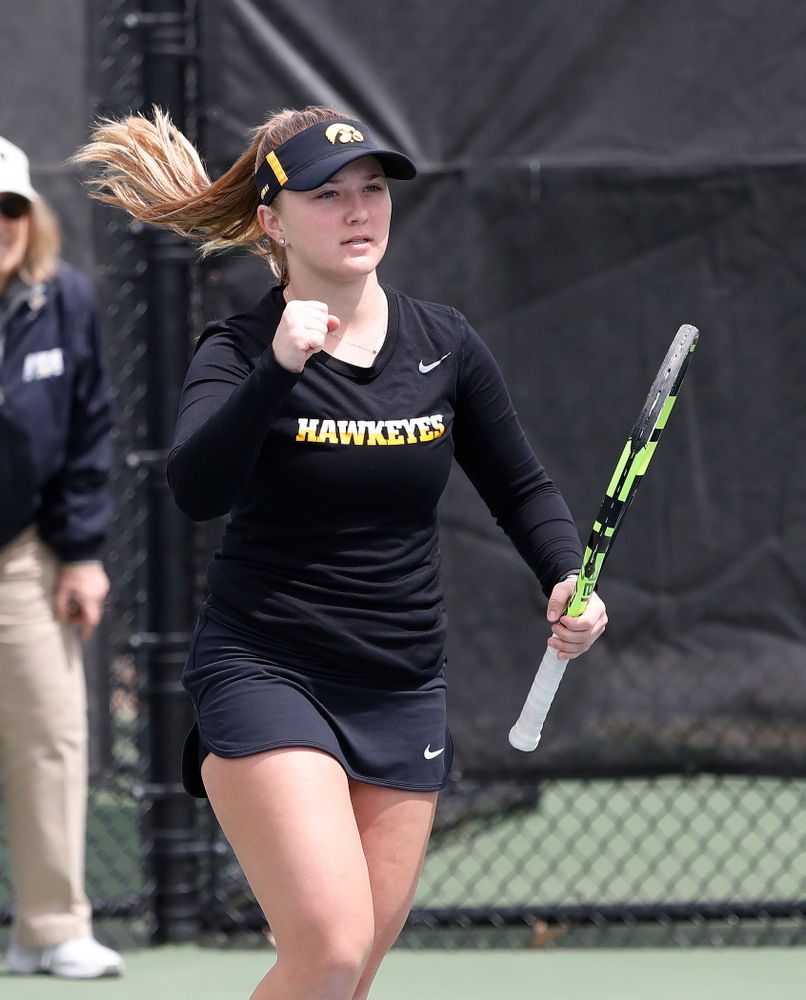 Montana Crawford and Danielle Burich play a doubles match against the Wisconsin Badgers Sunday, April 22, 2018 at the Hawkeye Tennis and Recreation Center. (Brian Ray/hawkeyesports.com)
