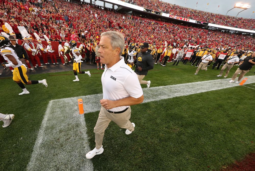 Iowa Hawkeyes head coach Kirk Ferentz against the Iowa State Cyclones Saturday, September 14, 2019 at Jack Trice Stadium in Ames, Iowa. (Brian Ray/hawkeyesports.com)