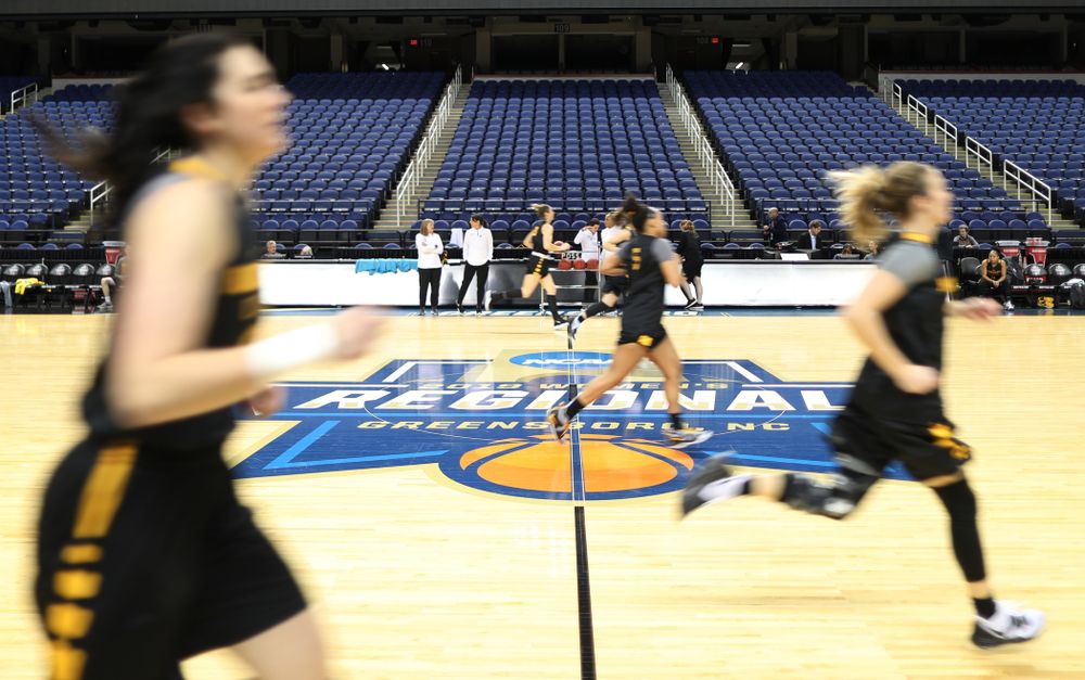 The Iowa Hawkeyes during practice and media before the regional final of the 2019 NCAA Women's College Basketball Tournament against the Baylor Bears Sunday, March 31, 2019 at Greensboro Coliseum in Greensboro, NC.(Brian Ray/hawkeyesports.com)