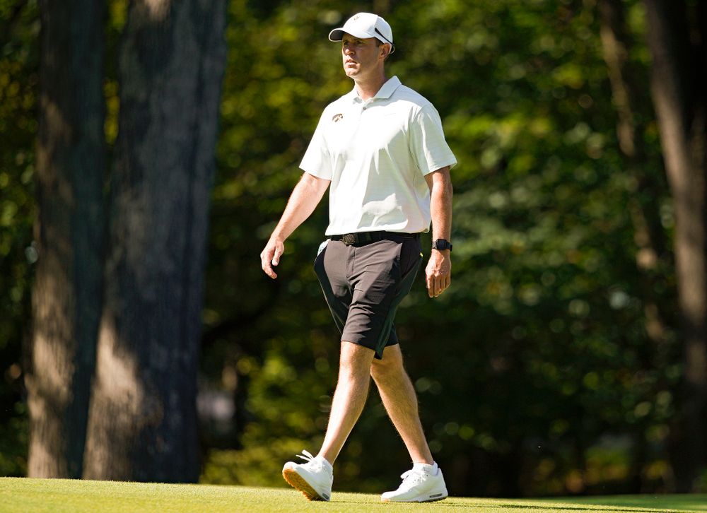 Iowa head coach Tyler Stith walks down the fairway during the second day of the Golfweek Conference Challenge at the Cedar Rapids Country Club in Cedar Rapids on Monday, Sep 16, 2019. (Stephen Mally/hawkeyesports.com)