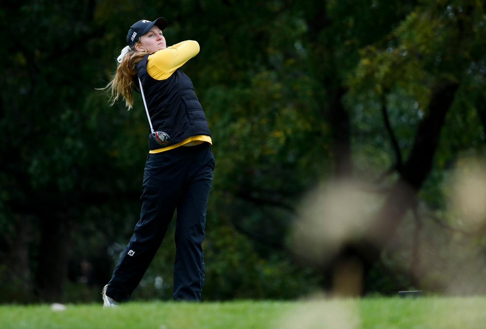 Iowa's Annalee Dannegger tees off during the Diane Thomason Invitational at Finkbine Golf Course on September 29, 2018. (Tork Mason/hawkeyesports.com)