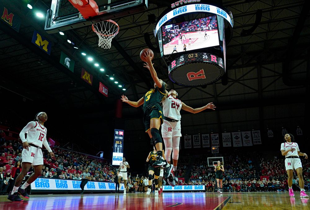 Iowa guard Makenzie Meyer (3) makes a basket during the second quarter of their game at the Rutgers Athletic Center in Piscataway, N.J. on Sunday, March 1, 2020. (Stephen Mally/hawkeyesports.com)