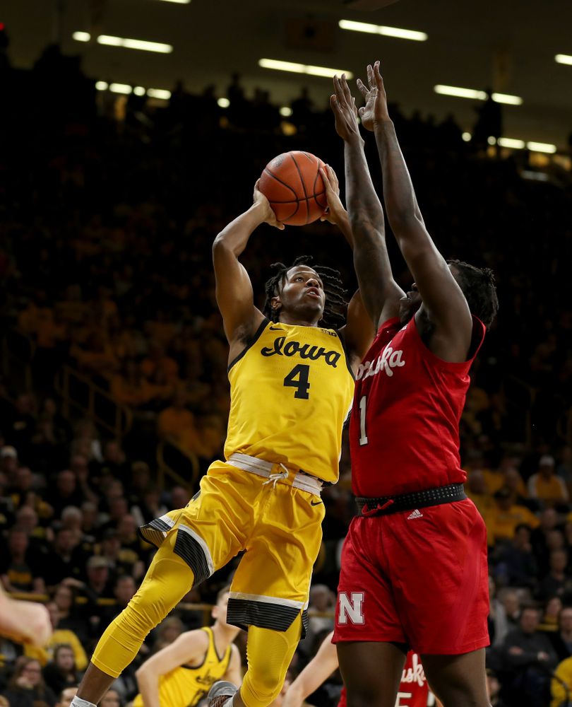 Iowa Hawkeyes guard Bakari Evelyn (4) against the Nebraska Cornhuskers Saturday, February 8, 2020 at Carver-Hawkeye Arena. (Brian Ray/hawkeyesports.com)