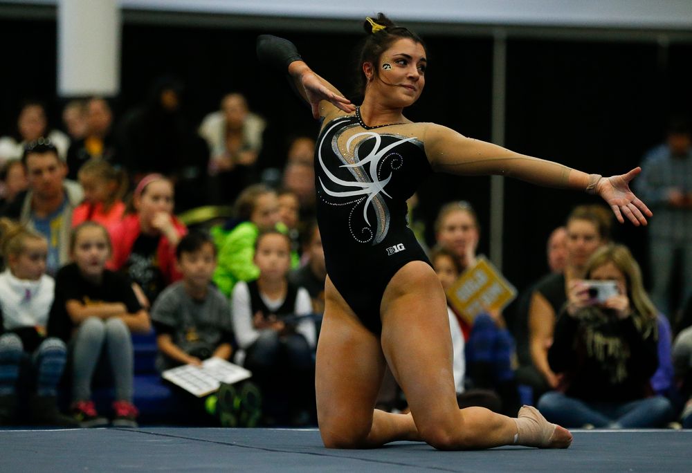 Nikki Youd competes in the floor exercise during the Black and Gold Intrasquad meet at the Field House on 12/2/17. (Tork Mason/hawkeyesports.com)