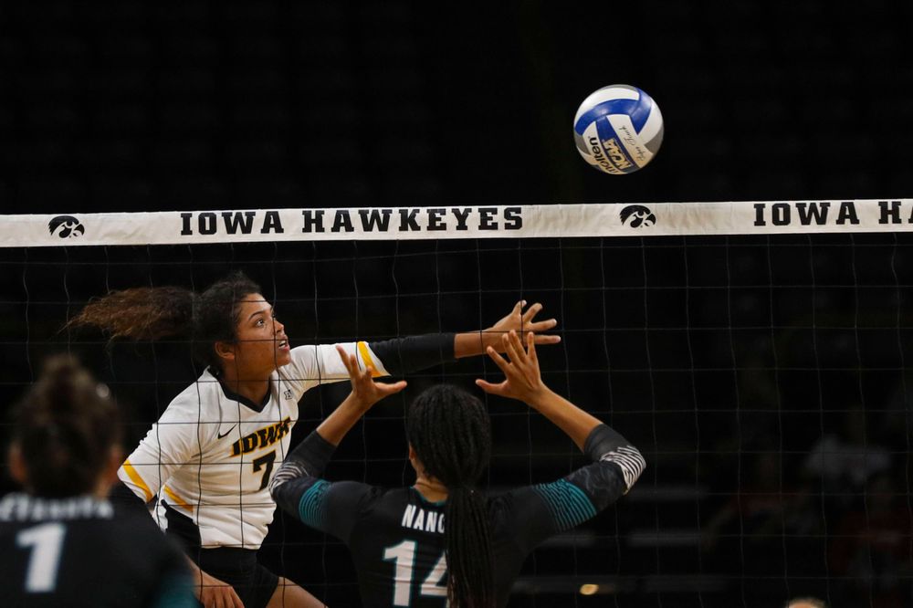 Iowa Hawkeyes setter Brie Orr (7) against Coastal Carolina Friday, September 20, 2019 at Carver-Hawkeye Arena. (Lily Smith/hawkeyesports.com)