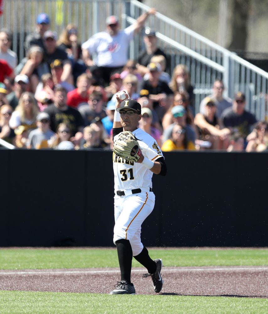 Iowa Hawkeyes infielder Matthew Sosa (31) against the Nebraska Cornhuskers Saturday, April 20, 2019 at Duane Banks Field. (Brian Ray/hawkeyesports.com)
