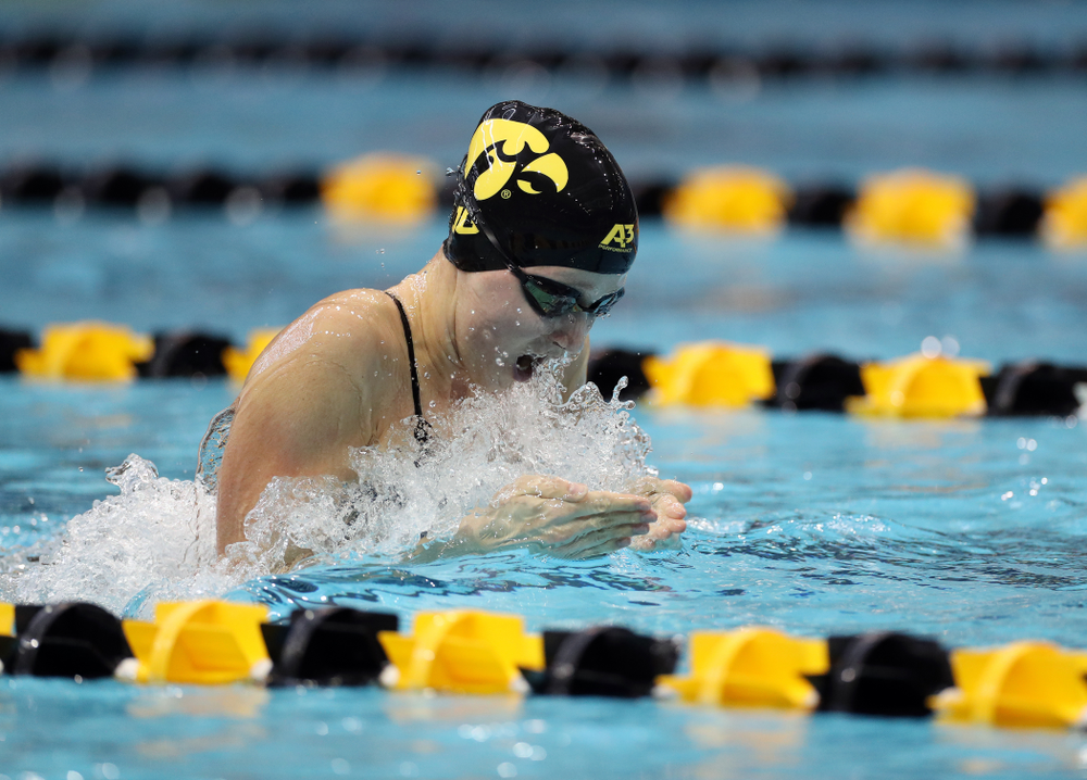 IowaÕs Aleksandra Olesiak swims the 100 yard breaststroke against the Michigan Wolverines Friday, November 1, 2019 at the Campus Recreation and Wellness Center. (Brian Ray/hawkeyesports.com)