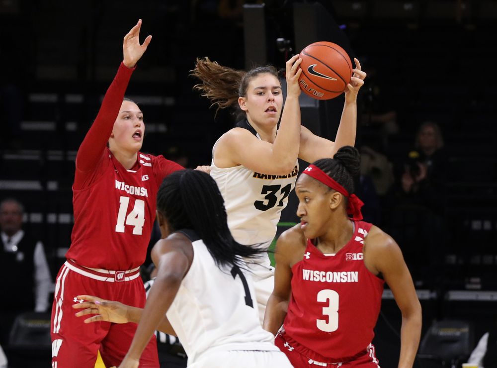Iowa Hawkeyes forward/center Paula Valino Ramos (31) against the Wisconsin Badgers Monday, January 7, 2019 at Carver-Hawkeye Arena. (Brian Ray/hawkeyesports.com)