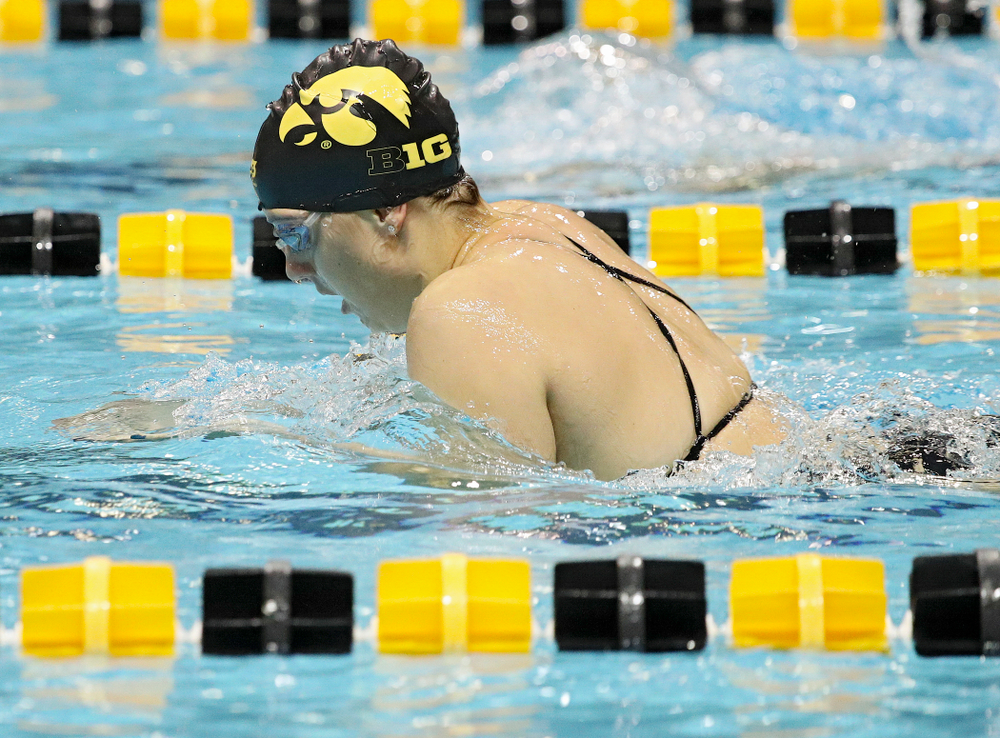 Iowa’s Payton Lange swims the breaststroke section of the 100-yard individual medley event during their meet against Michigan State at the Campus Recreation and Wellness Center in Iowa City on Thursday, Oct 3, 2019. (Stephen Mally/hawkeyesports.com)