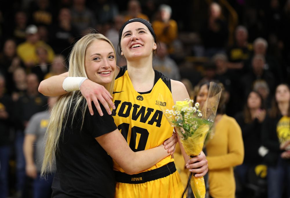 Iowa Hawkeyes forward Megan Gustafson (10) during senior day ceremonies following their game against the Northwestern Wildcats Sunday, March 3, 2019 at Carver-Hawkeye Arena. (Brian Ray/hawkeyesports.com)
