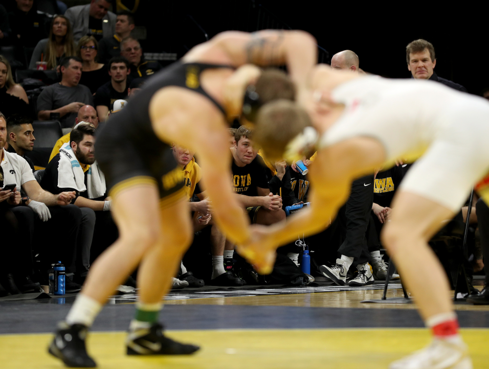 Jacob Warner cheers on Iowa’s Cash Wilcke as he wrestles Ohio State’s Kollin Moore at 197 pounds Friday, January 24, 2020 at Carver-Hawkeye Arena. Moore won the match 8-3. (Brian Ray/hawkeyesports.com)