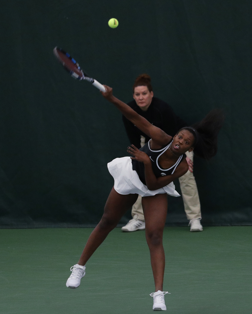Iowa's Adorabol Huckleby during a doubles match against North Texas Sunday, January 20, 2019 at the Hawkeye Tennis and Recreation Center. (Brian Ray/hawkeyesports.com)