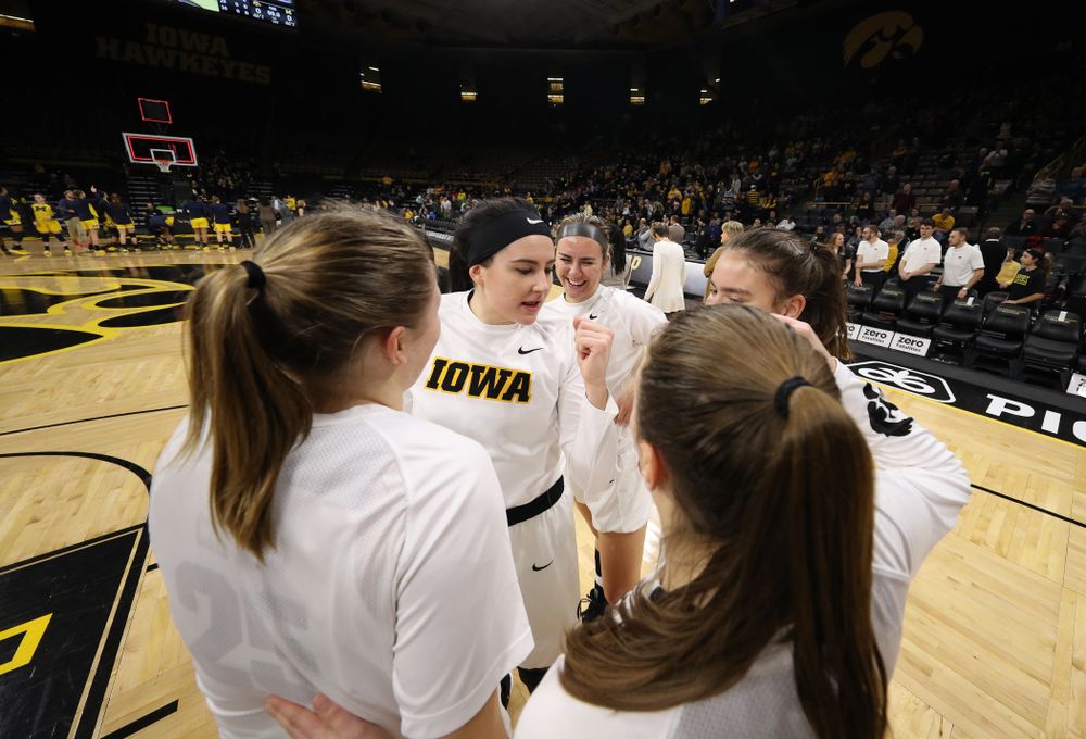 Iowa Hawkeyes forward Megan Gustafson (10) and forward Hannah Stewart (21) against the Michigan Wolverines Thursday, January 17, 2019 at Carver-Hawkeye Arena. (Brian Ray/hawkeyesports.com)