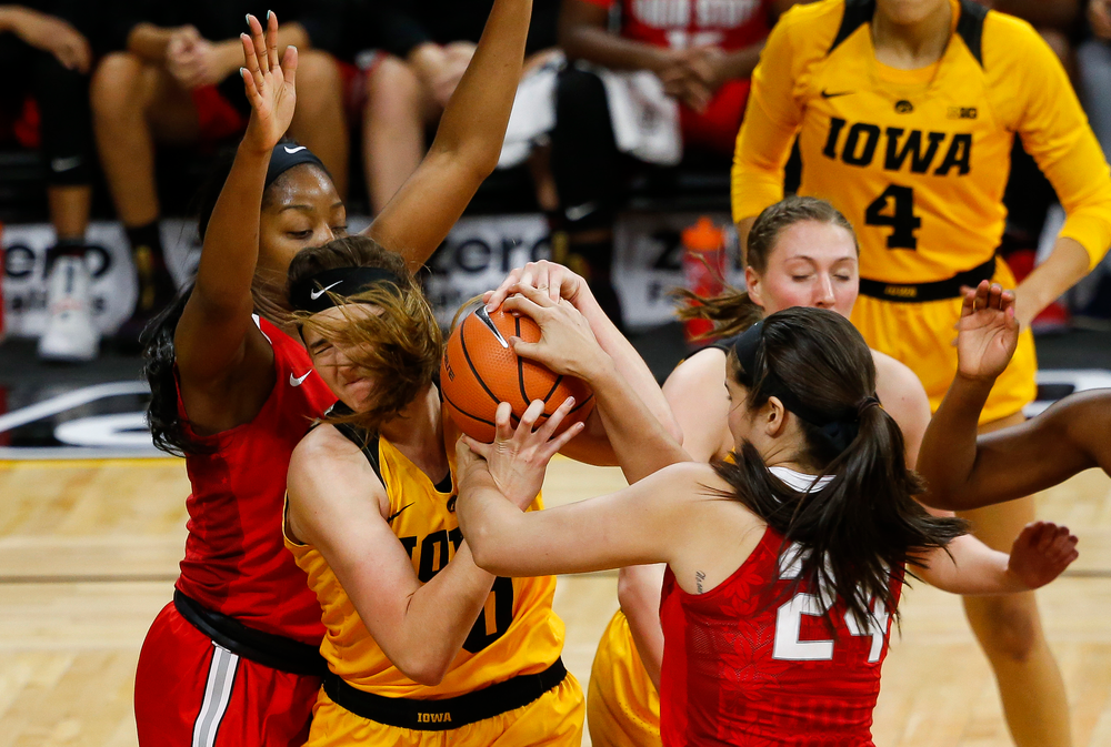 Iowa Hawkeyes forward Megan Gustafson (10) fights for a rebound during a game against the Ohio State Buckeyes at Carver-Hawkeye Arena on January 25, 2018. (Tork Mason/hawkeyesports.com)