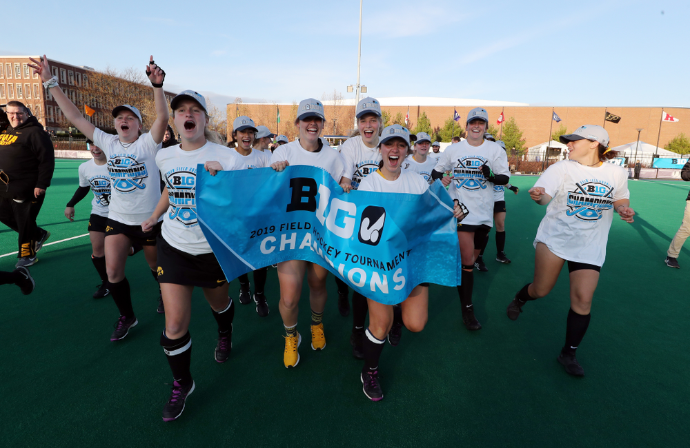 The Iowa Hawkeyes celebrate their 1-0 overtime victory over Penn State to win the 2019 Big Ten Field Hockey Tournament Sunday, November 10, 2019 at Penn State (Brian Ray/hawkeyesports.com)