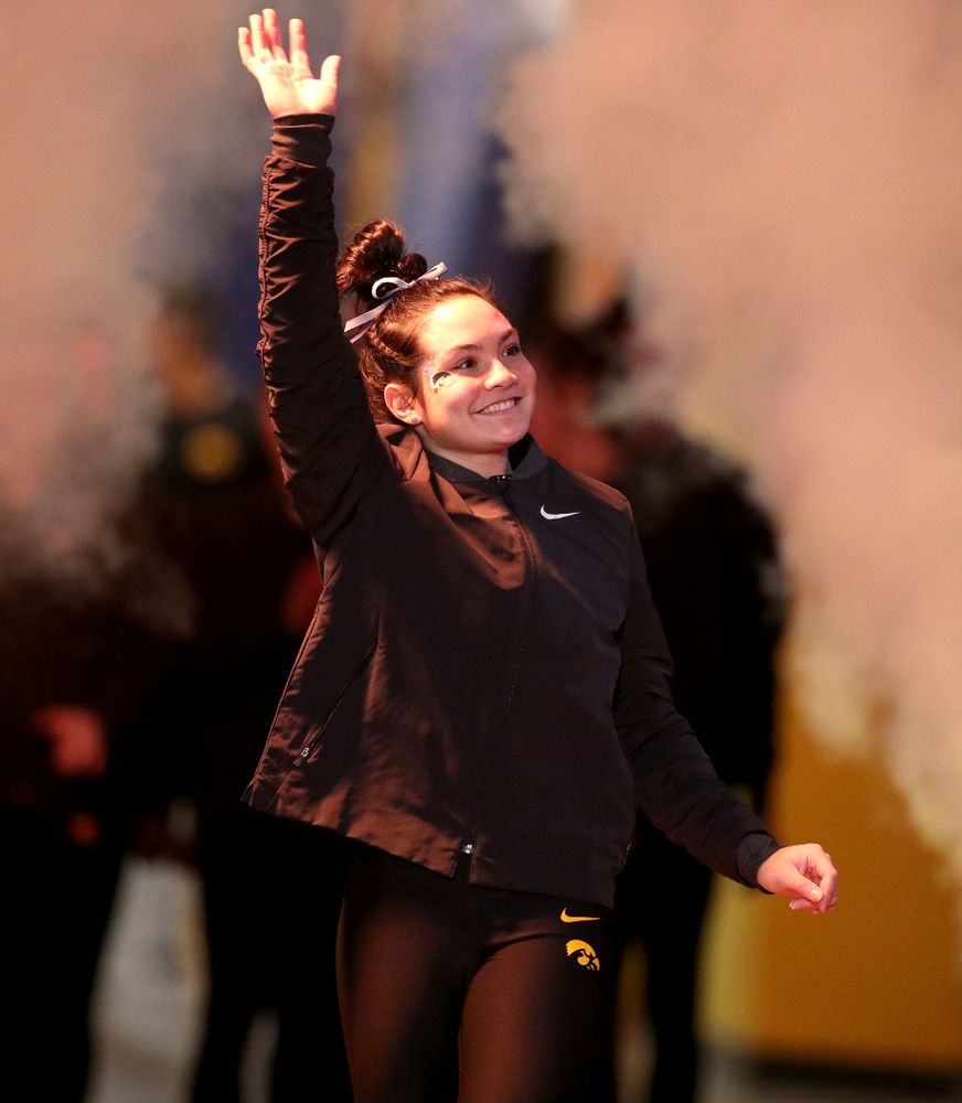 Iowa’s Carina Tolan is introduced before their meet against Michigan State Saturday, February 1, 2020 at Carver-Hawkeye Arena. (Brian Ray/hawkeyesports.com)