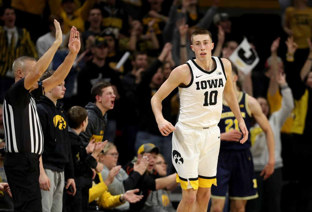 Iowa Hawkeyes guard Joe Wieskamp (10) celebrates a three point basket against the Michigan Wolverines Friday, January 17, 2020 at Carver-Hawkeye Arena. (Brian Ray/hawkeyesports.com)