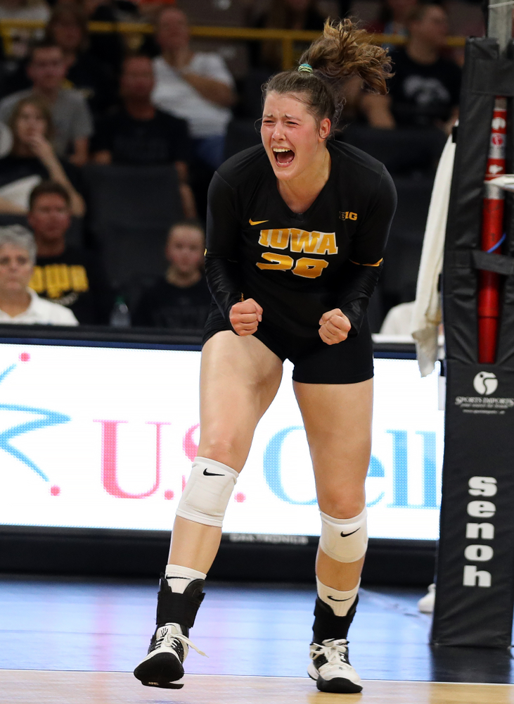 Iowa Hawkeyes outside hitter Edina Schmidt (20) against the Iowa State Cyclones Saturday, September 21, 2019 at Carver-Hawkeye Arena. (Brian Ray/hawkeyesports.com)