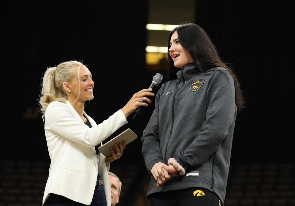 Laura Vandenberg interviews Iowa Hawkeyes forward Megan Gustafson (10) during the teamÕs Celebr-Eight event Wednesday, April 24, 2019 at Carver-Hawkeye Arena. (Brian Ray/hawkeyesports.com)