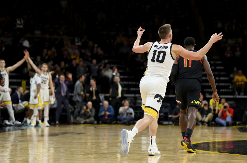 Iowa Hawkeyes guard Joe Wieskamp (10) celebrates a three point basket against the Maryland Terrapins Friday, January 10, 2020 at Carver-Hawkeye Arena. (Brian Ray/hawkeyesports.com)