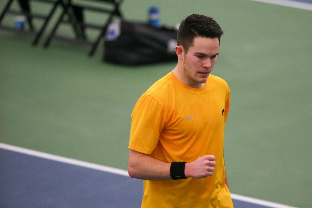 Iowa's Jonas Larsen at a tennis match vs Drake Friday, March 8, 2019 at the Hawkeye Tennis and Recreation Complex. (Lily Smith/hawkeyesports.com)