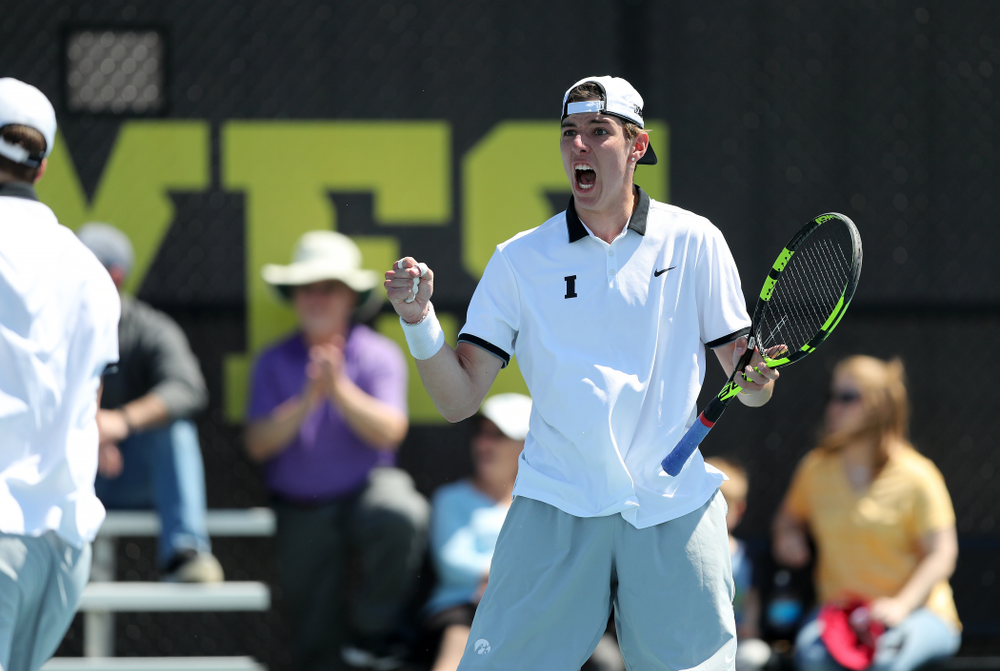 IowaÕs Joe Tyler and Nikita Snezhko play a doubles match against the Michigan Wolverines Sunday, April 21, 2019 at the Hawkeye Tennis and Recreation Complex. (Brian Ray/hawkeyesports.com)