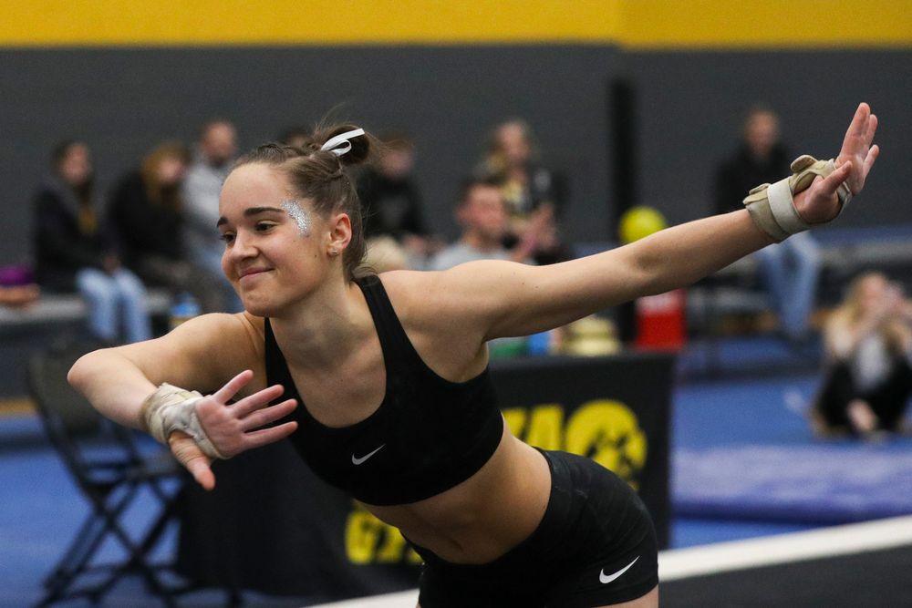 Allie Gilchrist performs a floor routine during the Iowa women’s gymnastics Black and Gold Intraquad Meet on Saturday, December 7, 2019 at the UI Field House. (Lily Smith/hawkeyesports.com)