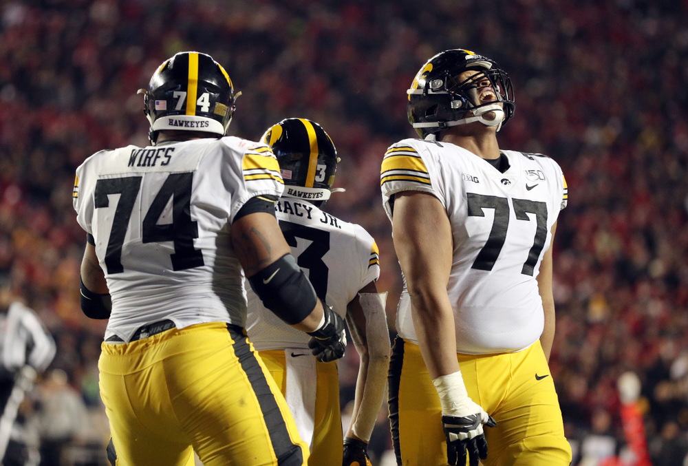 Iowa Hawkeyes offensive lineman Alaric Jackson (77) against the Wisconsin Badgers Saturday, November 9, 2019 at Camp Randall Stadium in Madison, Wisc. (Brian Ray/hawkeyesports.com)