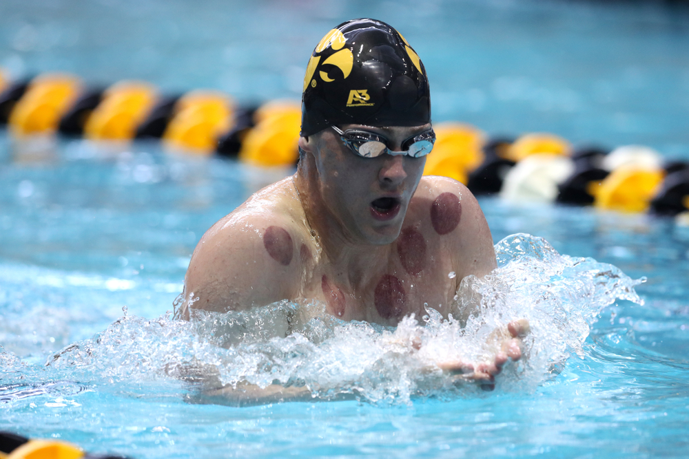 Iowa's Caleb Babb competes in the 200-yard breaststroke during the 2019 Big Ten Men's Swimming and Diving Championships Saturday, March 2, 2019 at the Campus Wellness and Recreation Center. (Brian Ray/hawkeyesports.com)