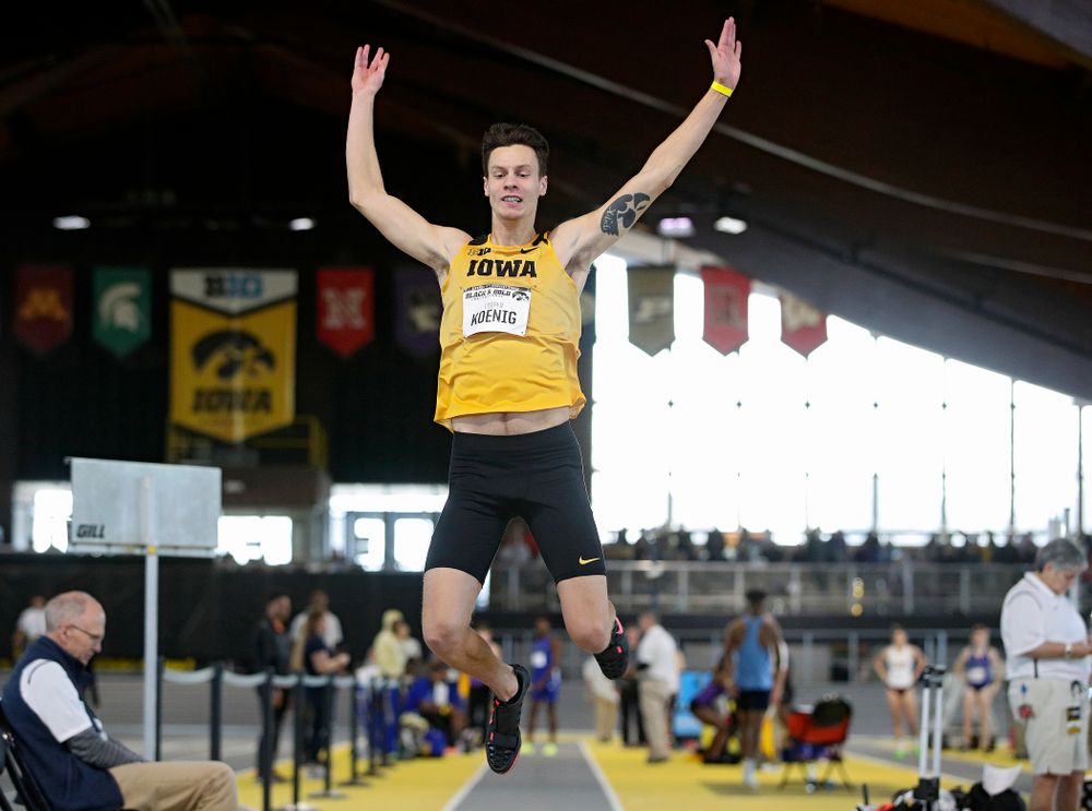 Iowa’s Cooper Koenig competes in the men’s long jump event at the Black and Gold Invite at the Recreation Building in Iowa City on Saturday, February 1, 2020. (Stephen Mally/hawkeyesports.com)
