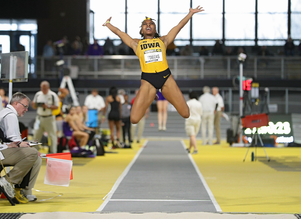 Iowa’s Tionna Tobias competes in the women’s long jump event during the Hawkeye Invitational at the Recreation Building in Iowa City on Saturday, January 11, 2020. (Stephen Mally/hawkeyesports.com)