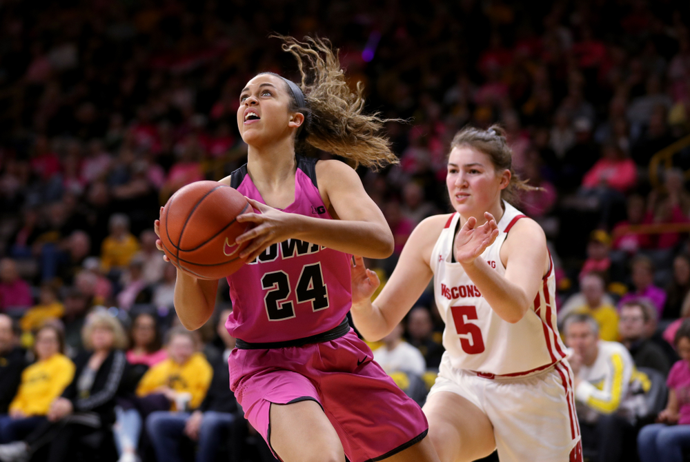 Iowa Hawkeyes guard Gabbie Marshall (24) against the Wisconsin Badgers Sunday, February 16, 2020 at Carver-Hawkeye Arena. (Brian Ray/hawkeyesports.com)