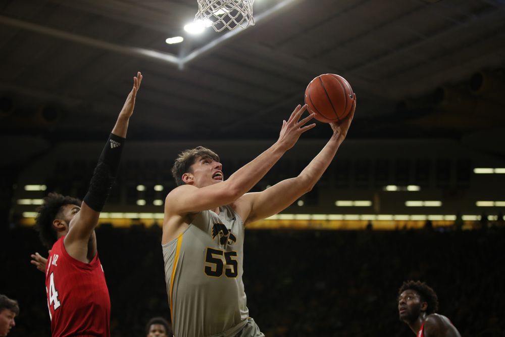 Iowa Hawkeyes forward Luka Garza (55) against the Nebraska Cornhuskers Sunday, January 6, 2019 at Carver-Hawkeye Arena. (Brian Ray/hawkeyesports.com)