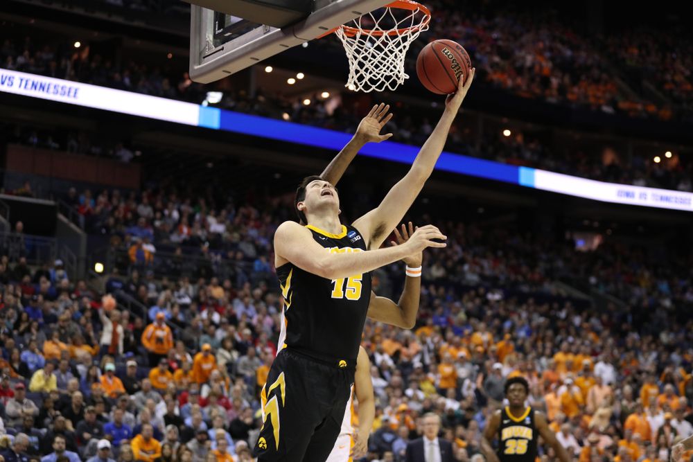 Iowa Hawkeyes forward Ryan Kriener (15) against the Tennessee Volunteers in the second round of the 2019 NCAA Men's Basketball Tournament Sunday, March 24, 2019 at Nationwide Arena in Columbus, Ohio. (Brian Ray/hawkeyesports.com)