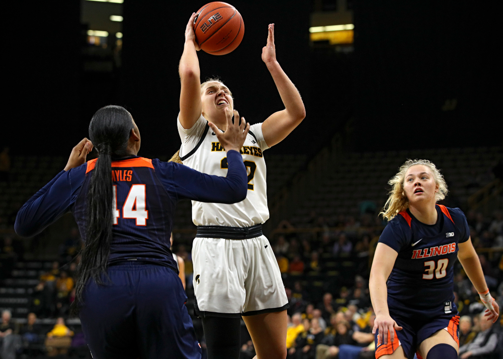 Iowa Hawkeyes guard Kathleen Doyle (22) scores a basket during the second quarter of their game at Carver-Hawkeye Arena in Iowa City on Tuesday, December 31, 2019. (Stephen Mally/hawkeyesports.com)