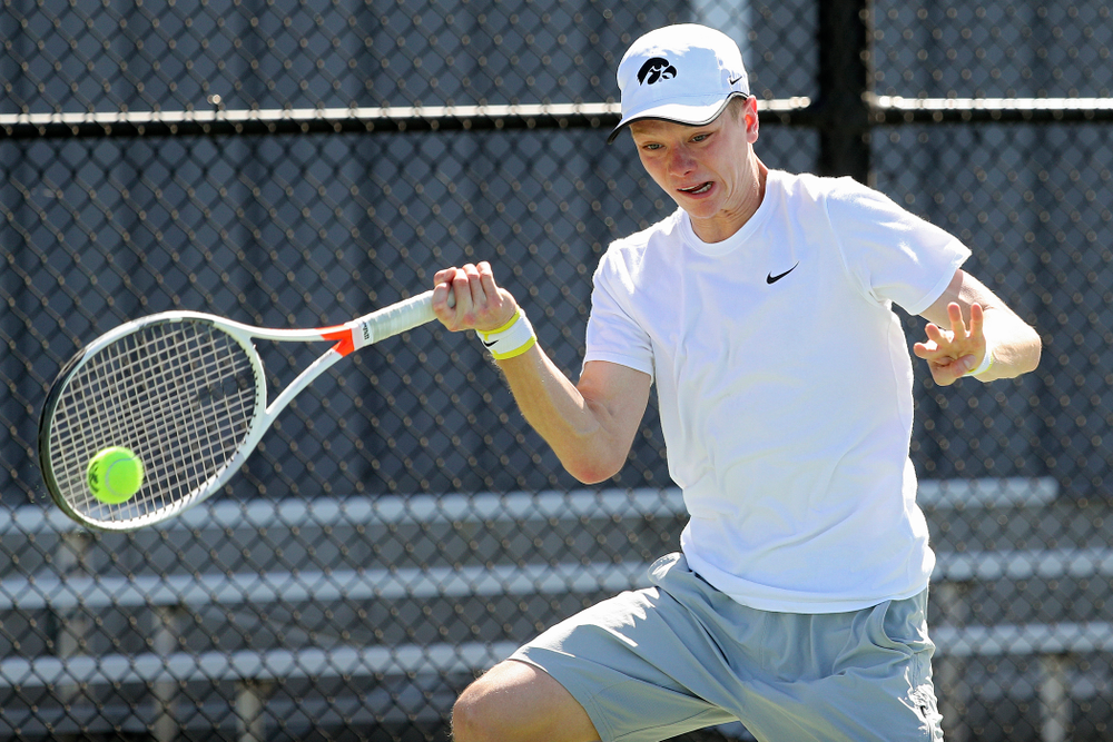 Iowa's Jason Kerst during his match against Michigan at the Hawkeye Tennis and Recreation Complex in Iowa City on Sunday, Apr. 21, 2019. (Stephen Mally/hawkeyesports.com)